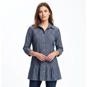 Finley Tunic Top Shirt Size Small Chambray 3/4 Sleeve Pintuck Cotton Coastal USA